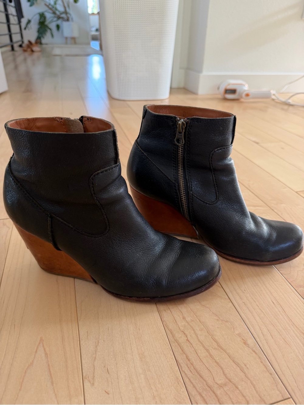 Miz Mooz Black Leather Wedge Ankle Boots with Brown Wood Heel